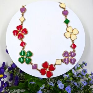 Bright and Colorful Floral, Heart and Diamond Vintage Enamel Necklace
